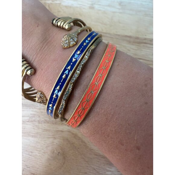 Stella & Dot Gold Cuff Bracelet Stack With Blue & Coral Enamel Rhinestone - Picture 2 of 14